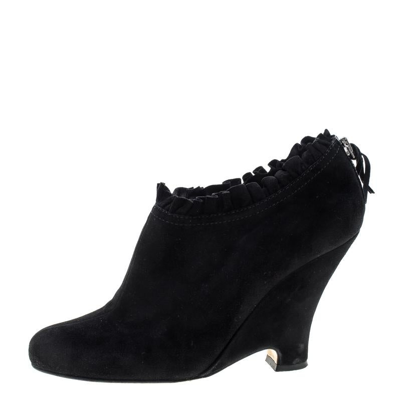 Miu Miu Black Suede Pleated Trim Ankle Boots Size 41 For Sale 2