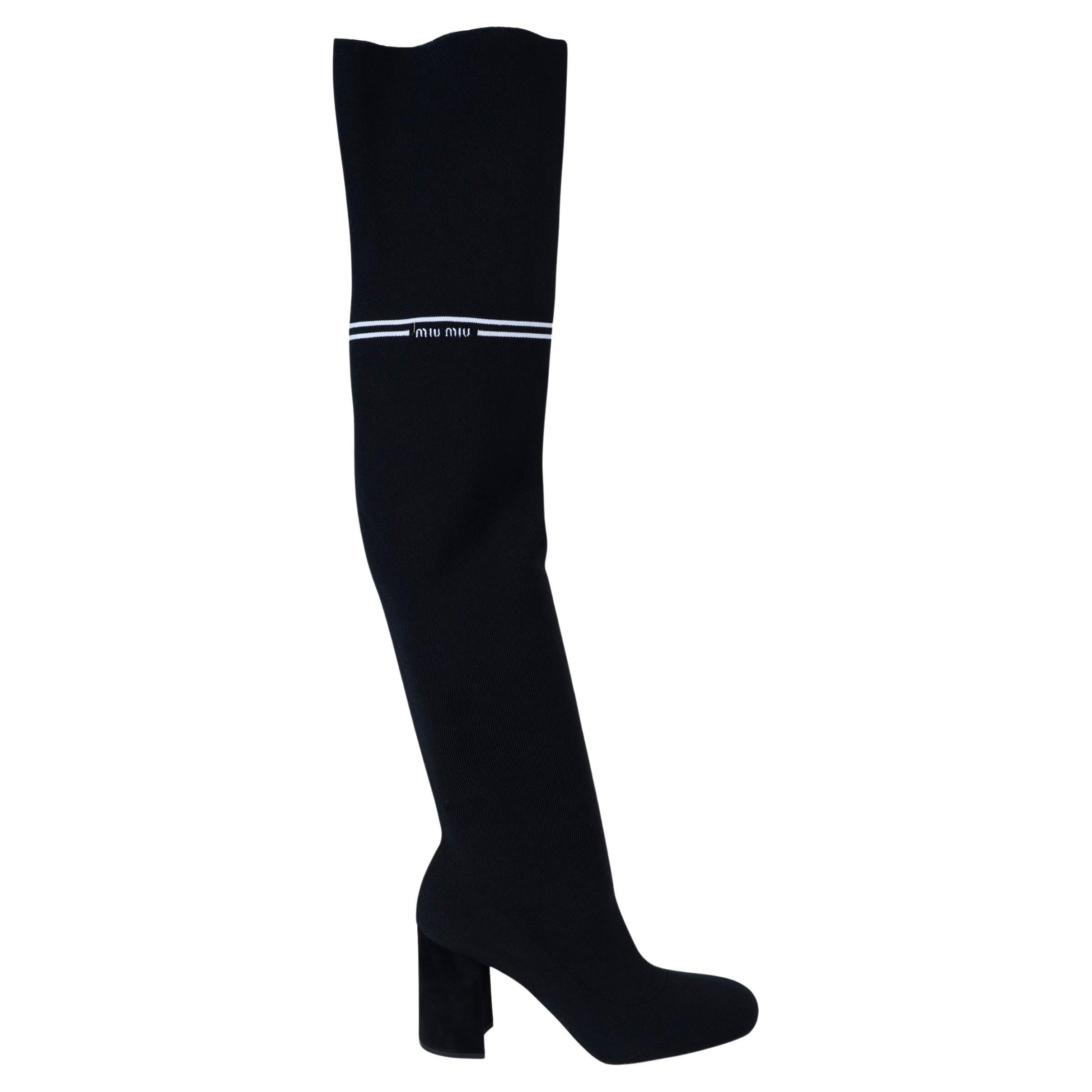 MIU MIU noir tricot technique BLOCK HEEL OVER-KNEE Boots Shoes 37.5