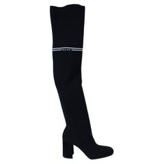 MIU MIU black technical knit BLOCK HEEL OVER-KNEE Boots Shoes 37.5