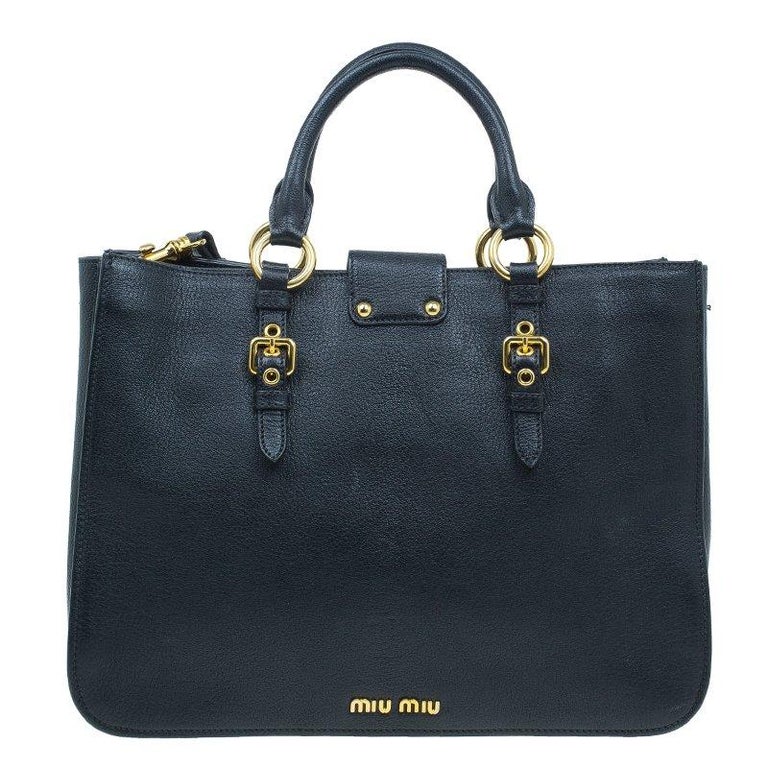 Miu Miu Black Textured Leather Large Madras Tote Bag For Sale at