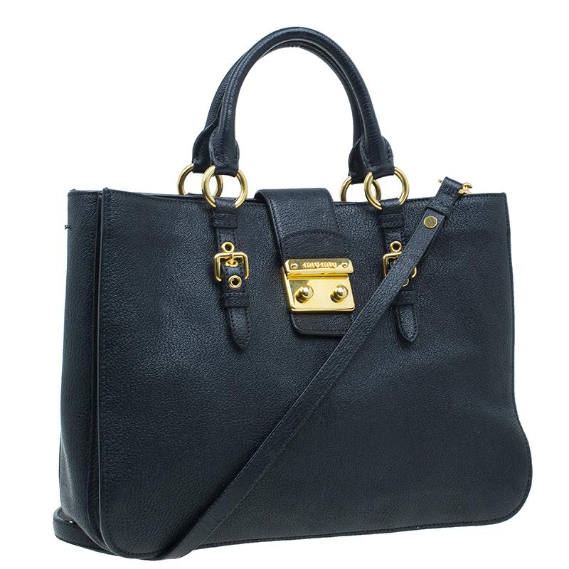 Miu Miu Black Textured Leather Large Madras Tote Bag In Good Condition In Dubai, Al Qouz 2