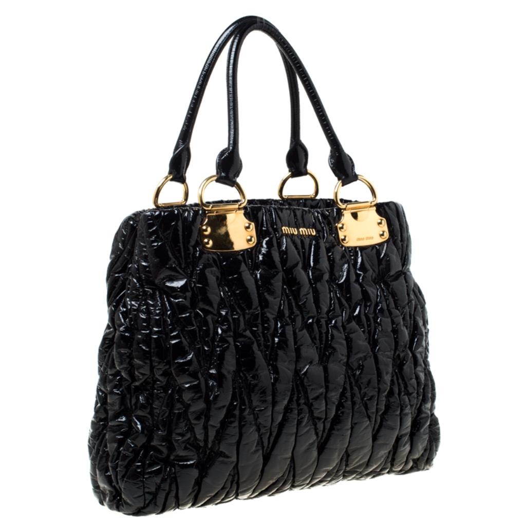 Women's Miu Miu Black Textured Patent Leather Tote