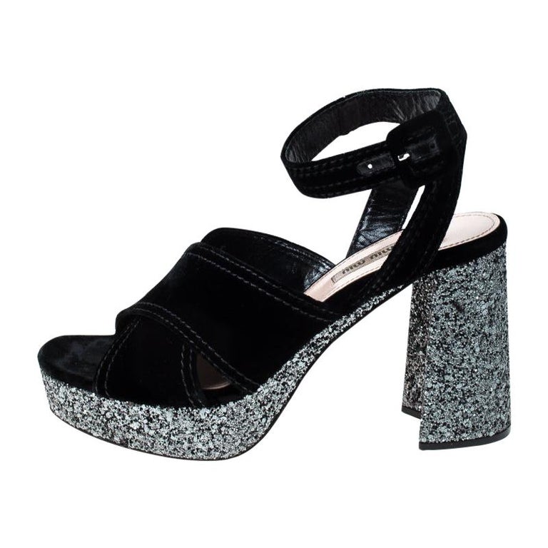 Miu Miu Black Velvet And Glitter Heel Platform Ankle Strap Sandals Size 40  at 1stDibs