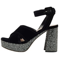 Miu Miu Black Velvet and Glitter Platform Ankle Strap Sandals Size 37