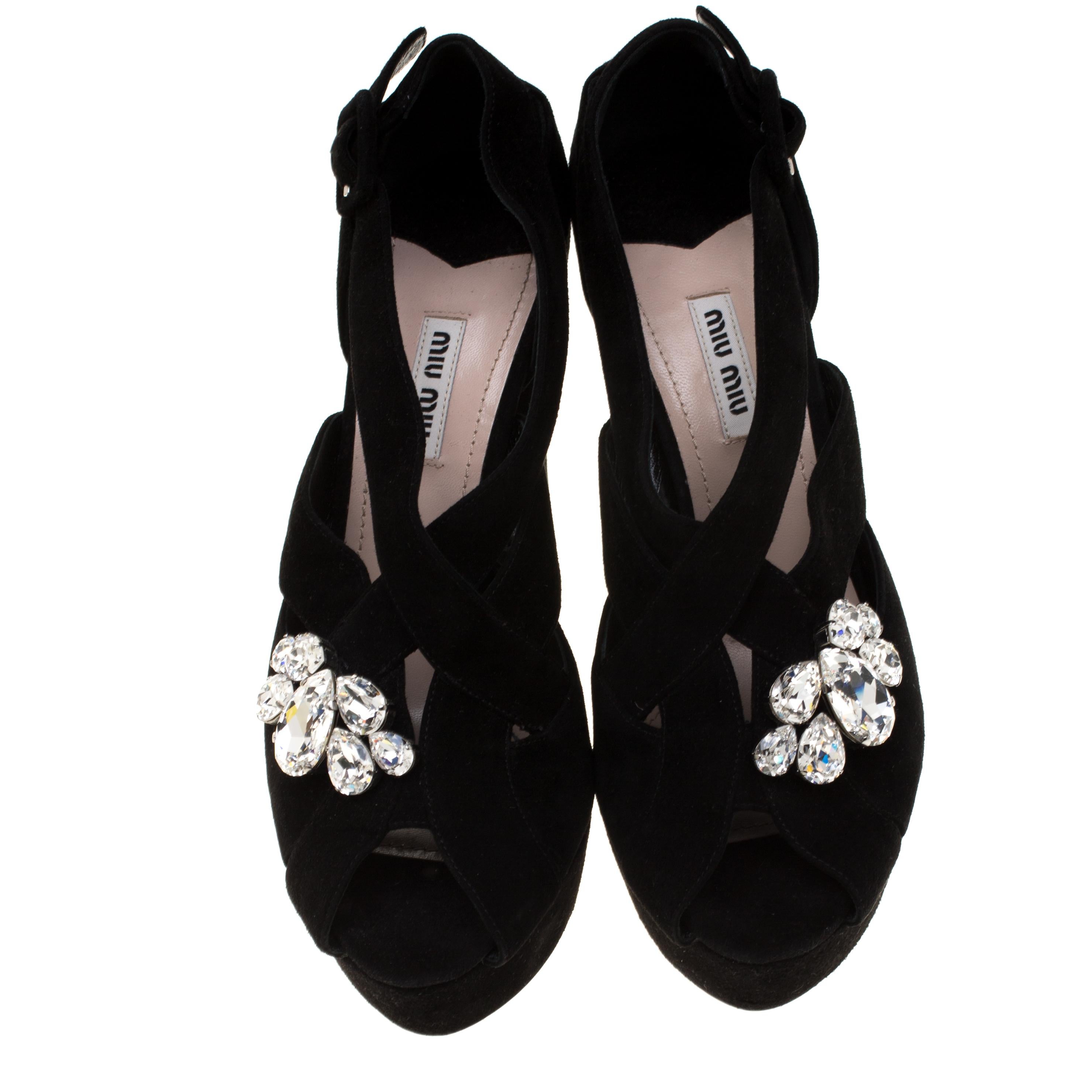 Miu Miu Black Velvet Crystal Embellished Platform Sandals Size 40.5 In New Condition In Dubai, Al Qouz 2