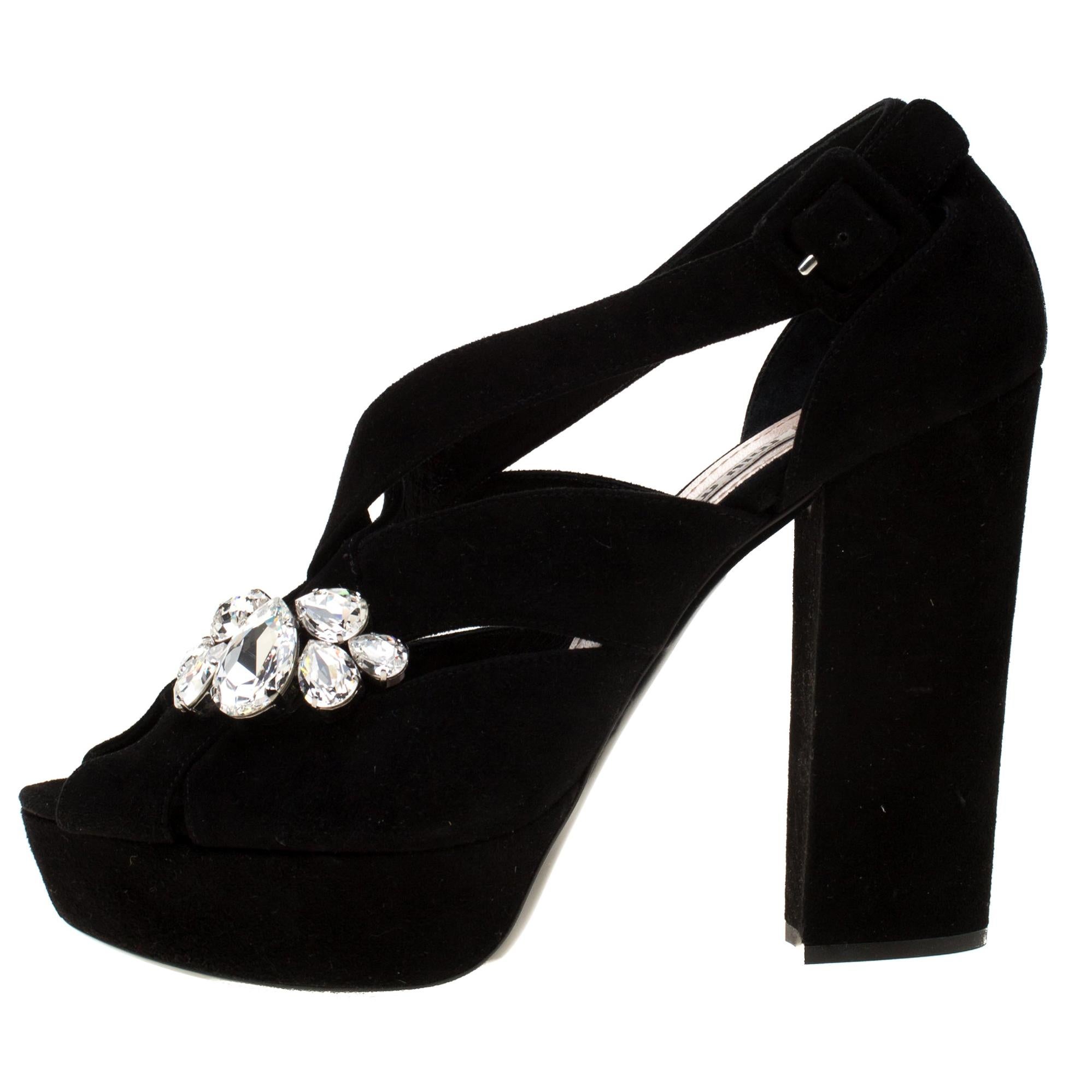 Miu Miu Black Velvet Crystal Embellished Platform Sandals Size 40.5 at  1stDibs | miu miu velvet platform sandals