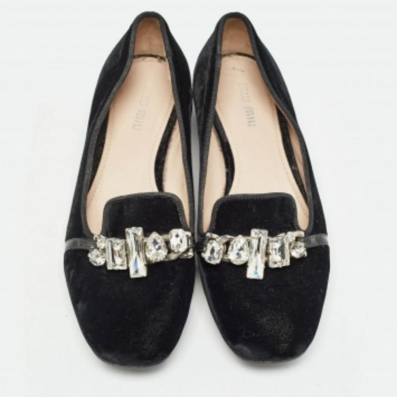 Miu Miu - Pantofole da fumo in velluto nero impreziosite da cristalli - Taglia 37 in vendita 2