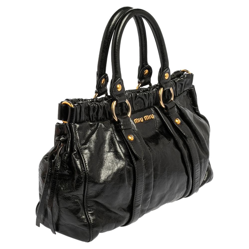 Women's Miu Miu Black Vitello Lux Leather Gathered Tote