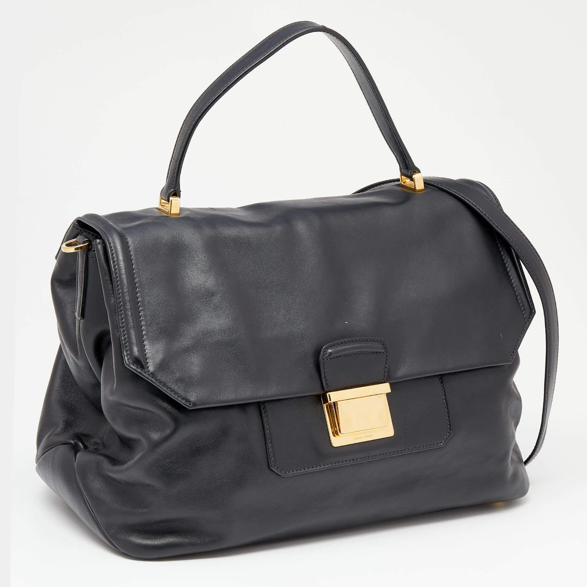  Miu Miu Black Vitello Soft Leather Large Top Handle Bag Pour femmes 