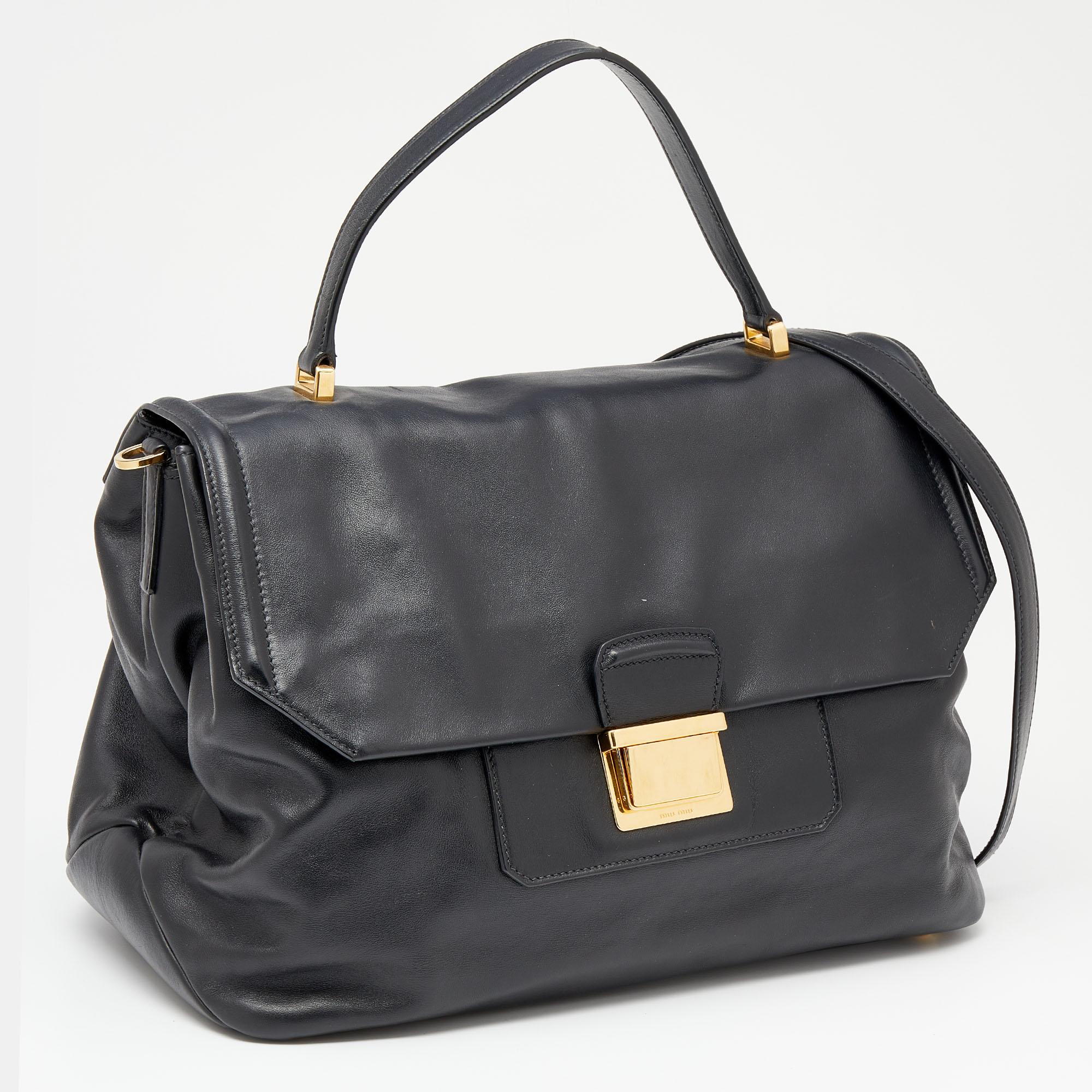 Miu Miu Black Vitello Soft Leather Large Top Handle Bag For Sale 3