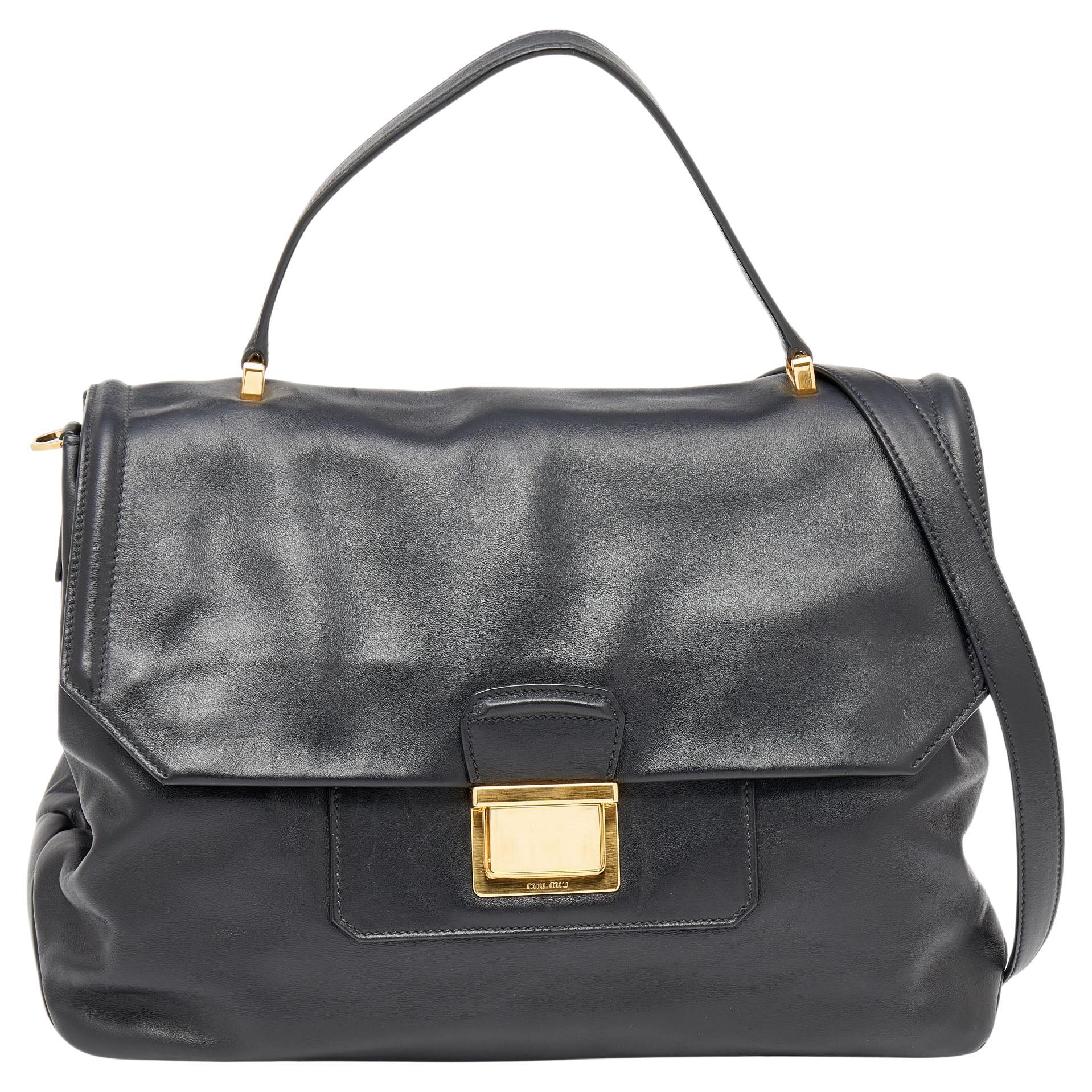 Miu Miu Black Vitello Soft Leather Large Top Handle Bag For Sale