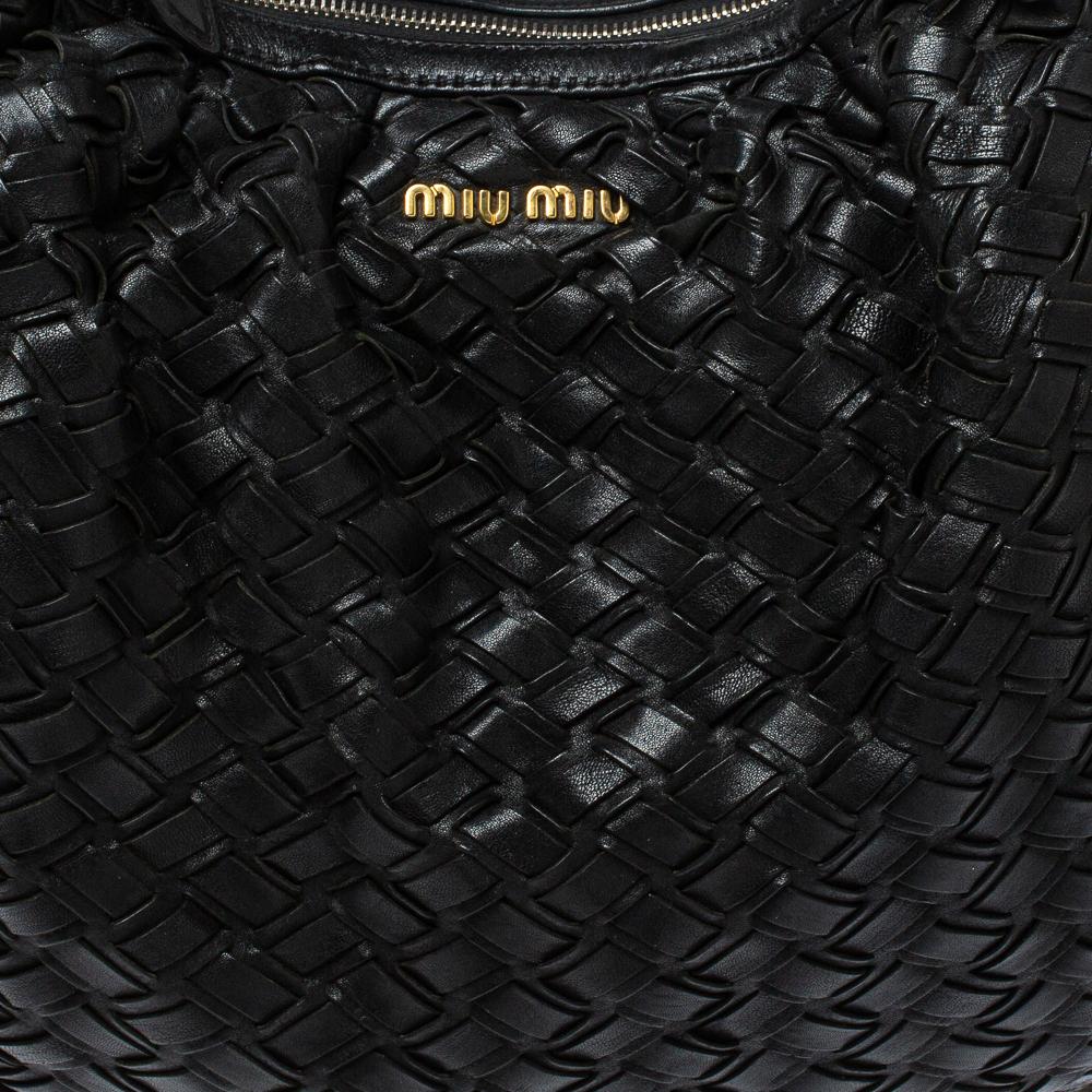 Miu Miu Black Woven Leather Fringe Hobo 1