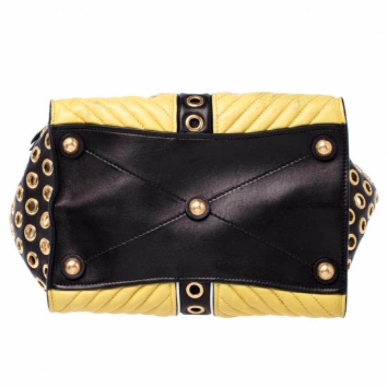 Noir Miu Miu Black/Yellow Leather Grommet Biker Convertible Tote en vente