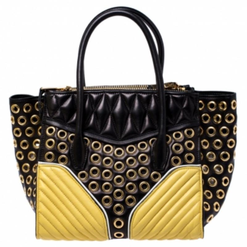 Miu Miu Black/Yellow Leather Grommet Biker Convertible Tote en vente 3