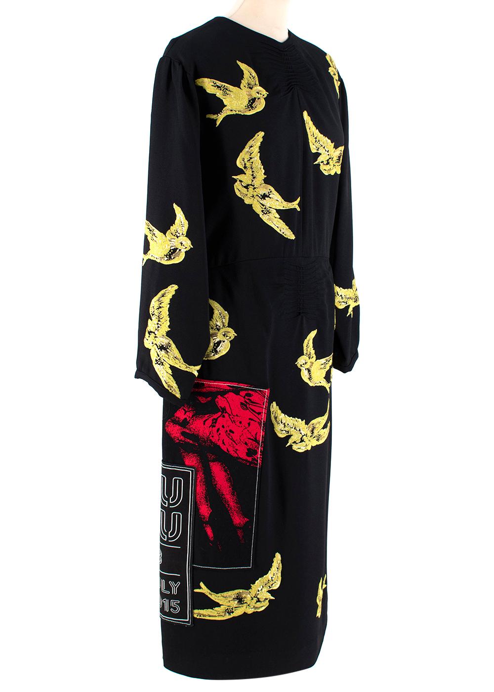 Miu Miu Black & Yellow Sequin Bird Embroidered Dress

-Black midi dress
-Long sleeves with clip closure
-Yellow sequinned bird Embroidered
-Single Vent
-Fully lined 
-Round neck
-Clip closure behind the neck
-Hidden side zip

Material:
81%