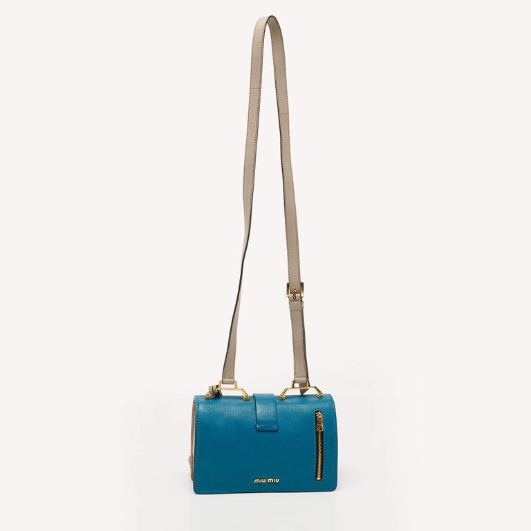 Miu Miu Blue/Beige Madras Leather Bandoliera Shoulder Bag For Sale at