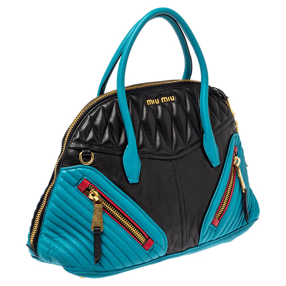 Miu Miu Blue/ Black Matelasse Leather Biker Bugatti Satchel In Good Condition In Dubai, Al Qouz 2