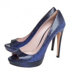 Miu Miu Blue/Black Python Embossed Leather Peep Toe Platform Pumps Size 39.5