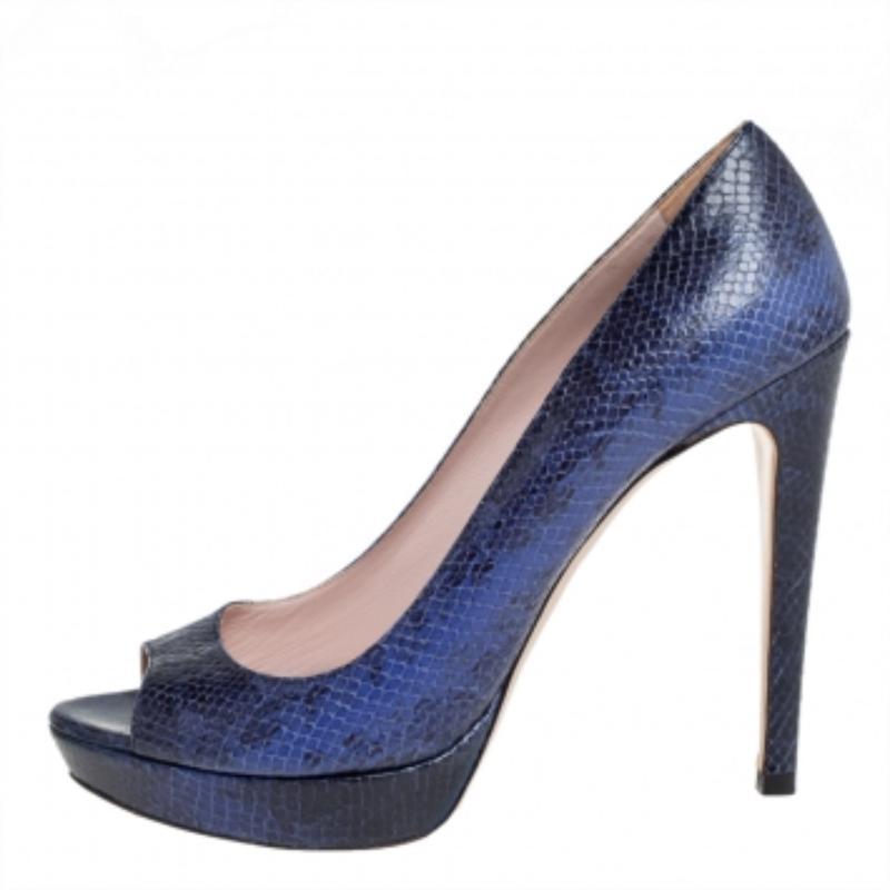 Gray Miu Miu Blue/Black Python Embossed Leather Peep Toe Platform Pumps Size 39.5 For Sale