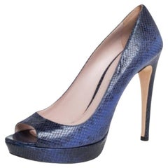 Miu Miu Blue/Black Python Embossed Leather Peep Toe Platform Pumps Size 39.5