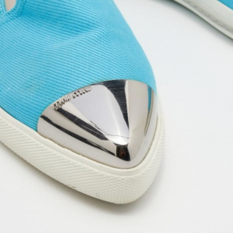 Miu Miu Blue Canvas Metal Cap Toe Slip On Sneakers Size 37.5 For Sale 1