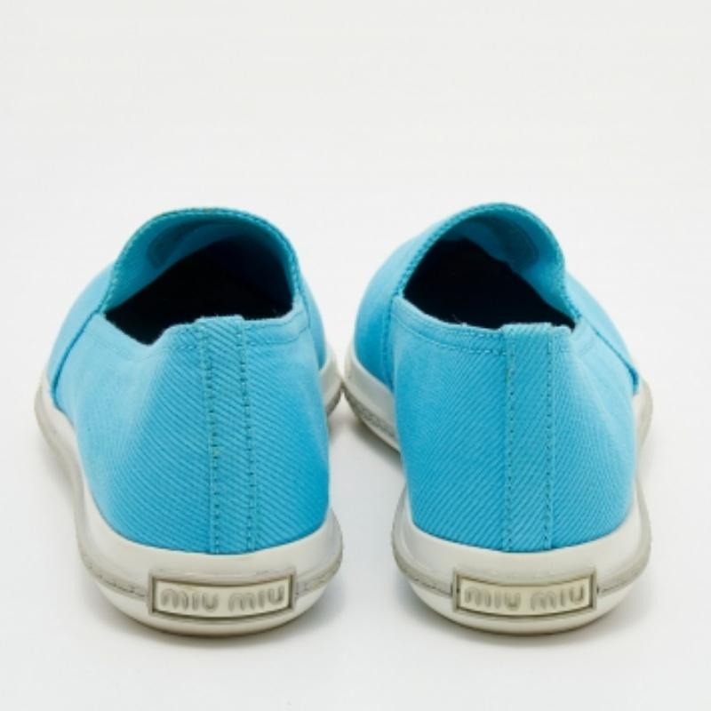 Miu Miu Blue Canvas Metal Cap Toe Slip On Sneakers Size 37.5 For Sale 2