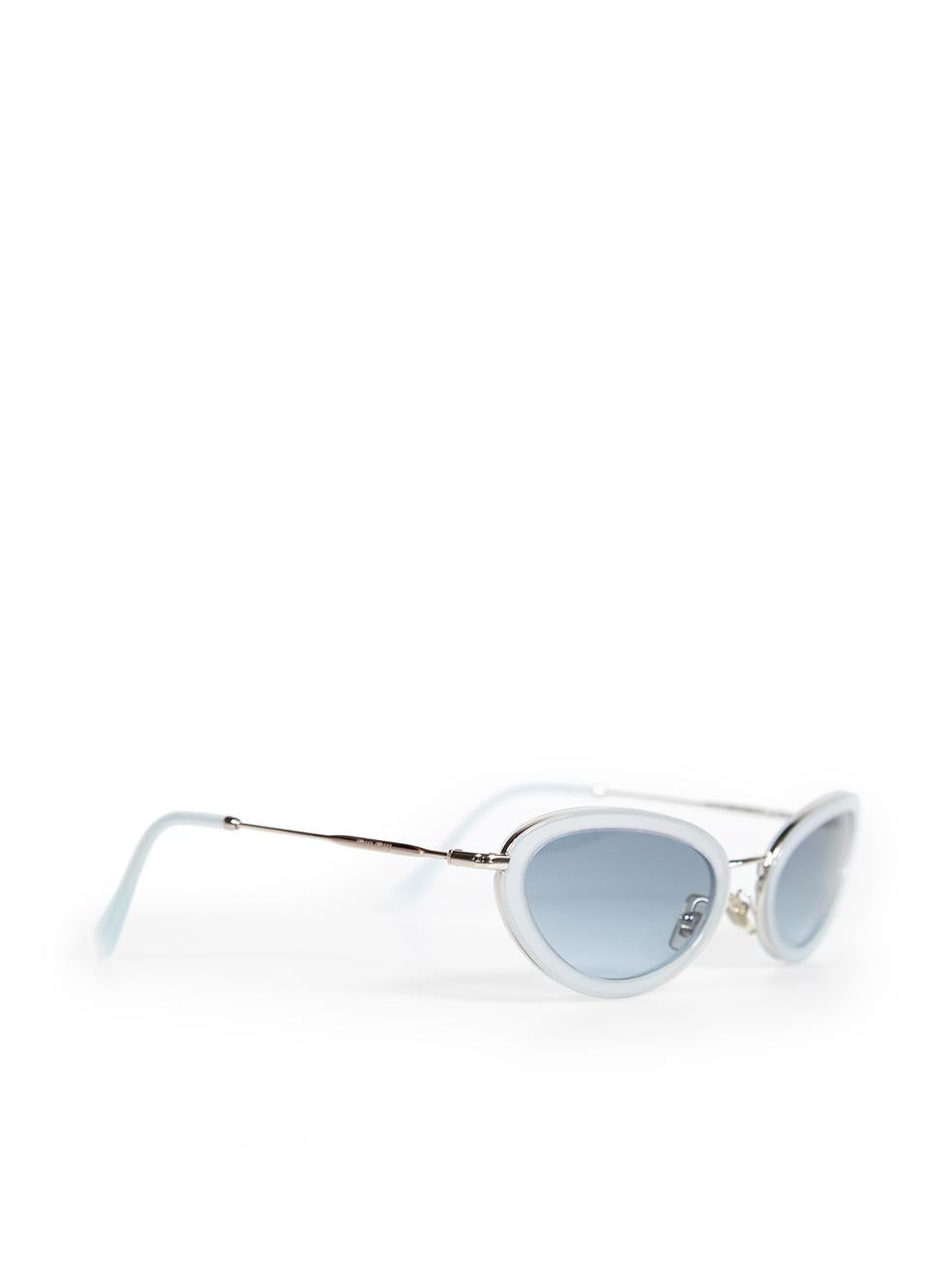 CONDITION is Very good. Minimal wear to sunglasses is evident. Light scratches on the lens on this used Miu Miu designer resale item. The item comes with dust bag, case and box.
 
 
 
 Details
 
 
 Blue
 
 Acetate
 
 Oval cat eye sunglasses
 
 Blue