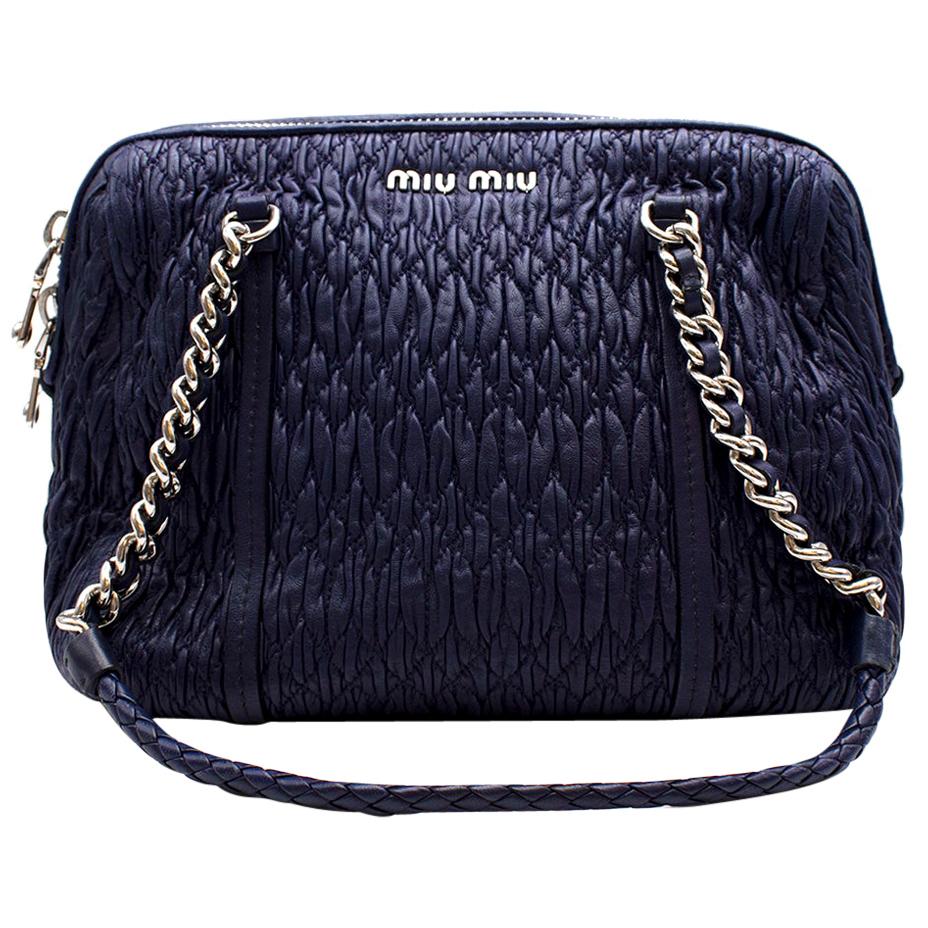 Miu Miu Blue Cloque Leather Shoulder Bag with Silver Hardware For Sale