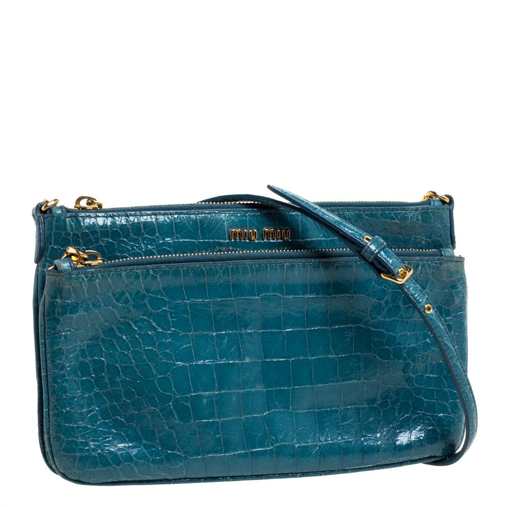 Women's Miu Miu Blue Croc Embossed Leather Crossbody Bag