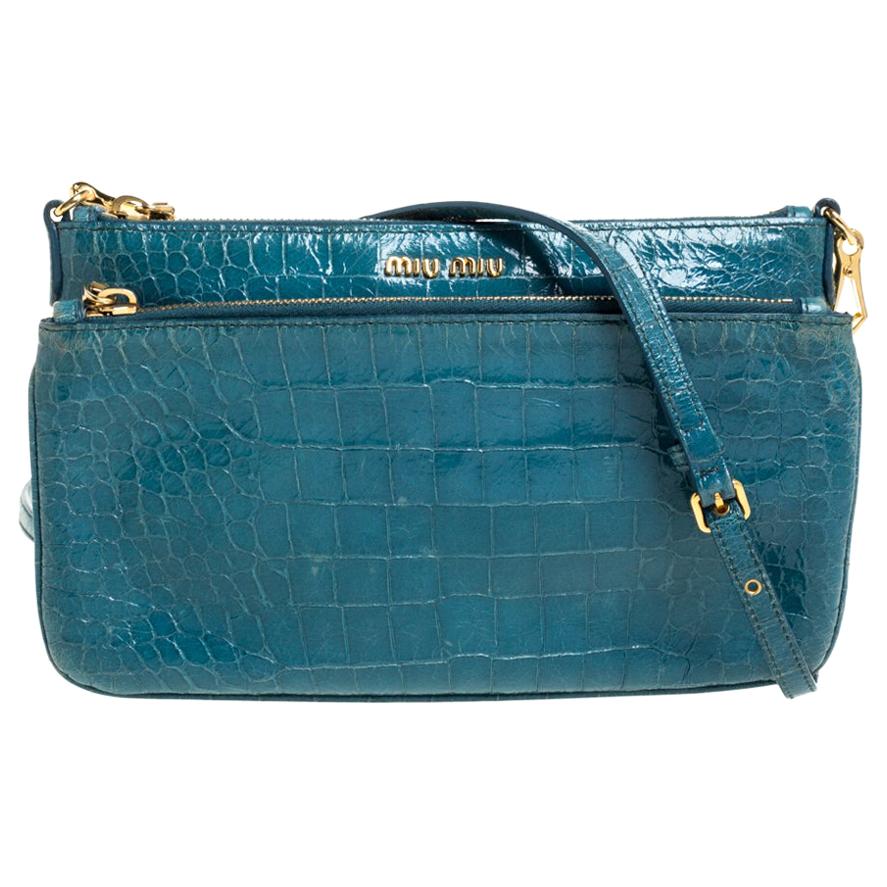 Miu Miu Blue Croc Embossed Leather Crossbody Bag