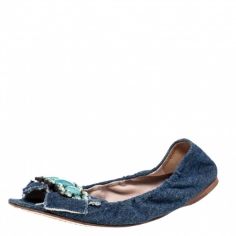 Miu Chaussures de ballet en denim bleu ornées de cristaux taille 37 1