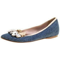 Miu Miu Blue Denim Crystal Embellished Bow Pointed Toe Ballet Flats Taille 36