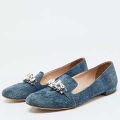 Miu Miu Blue Denim Crystal Embellished Smoking Slippers Size 38