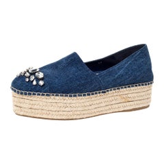 Miu Miu Blue Denim Fabric Crystal Embellished Platform Espadrilles Flats Size 40