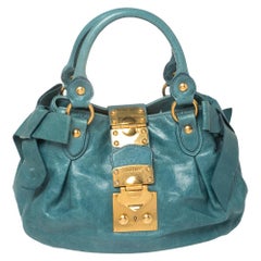 Miu Miu Blue Distressed Leather Bow Satchel