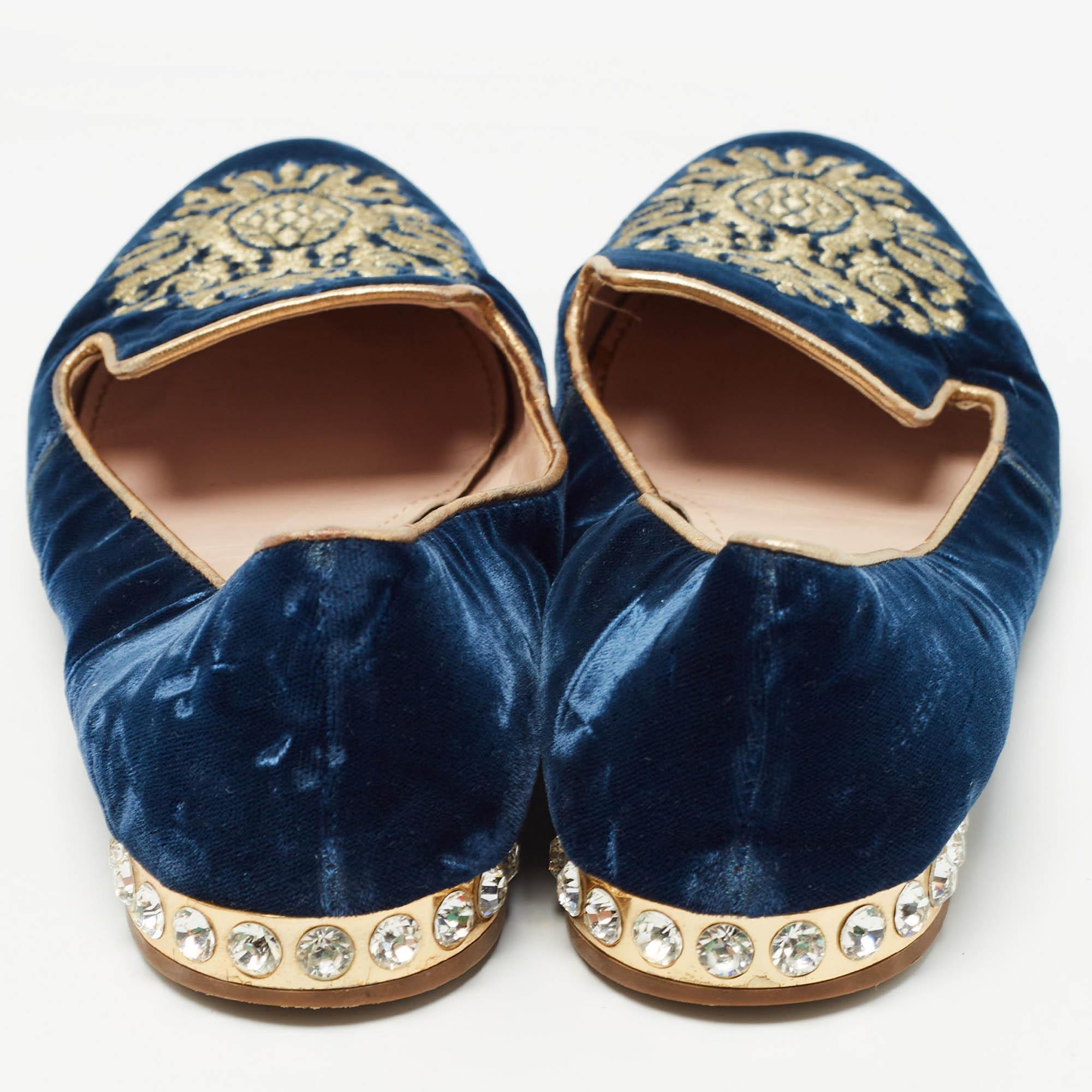 Women's Miu Miu Blue Embroidered Velvet Crystal Embellished Smoking Slippers Size 37 For Sale