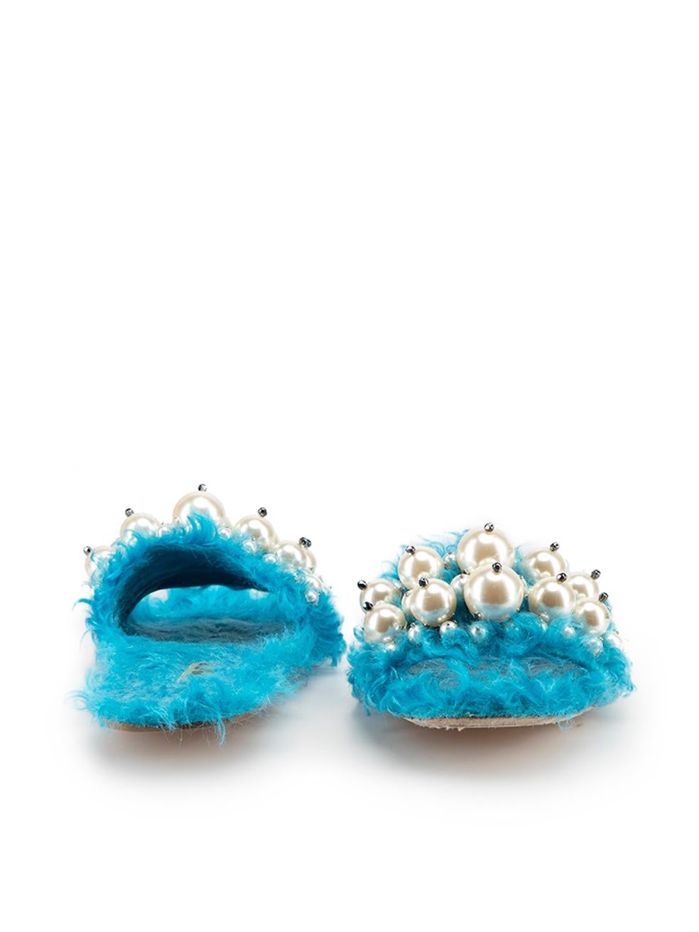 Miu Miu Blue Faux Fur Pearl Embellished Slides Size IT 36 In Good Condition In London, GB
