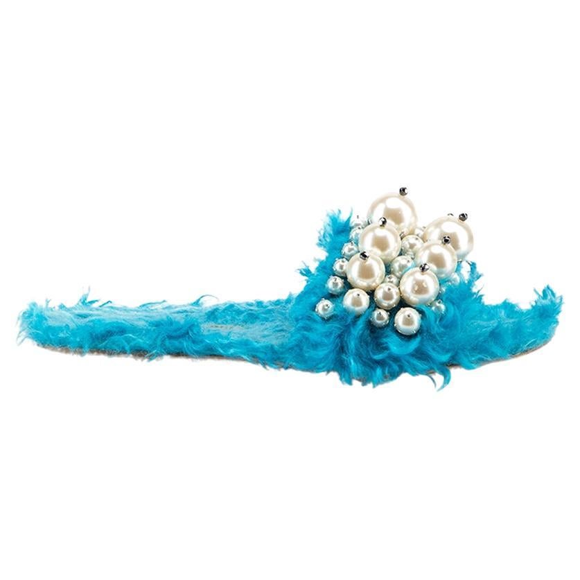 Miu Miu Blue Faux Fur Pearl Embellished Slides Size IT 36