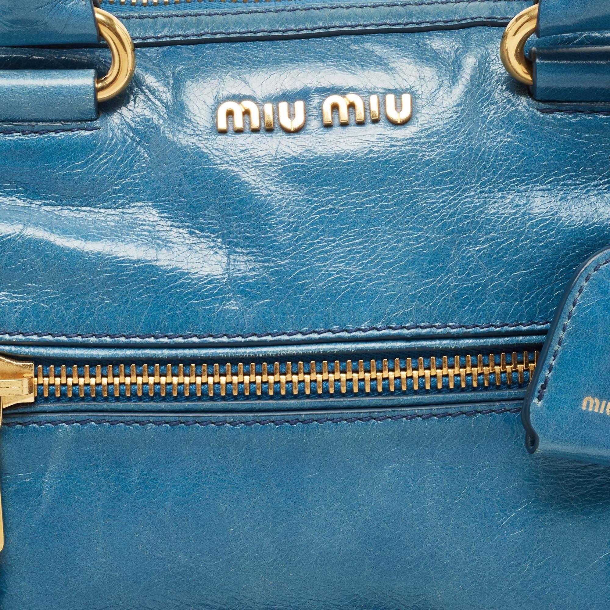 Miu Miu Blue Glazed Leather Front Zip Tote 10