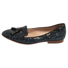 Miu Miu Blue Glitter And Leather Tassel Smoking Loafer Size 38.5