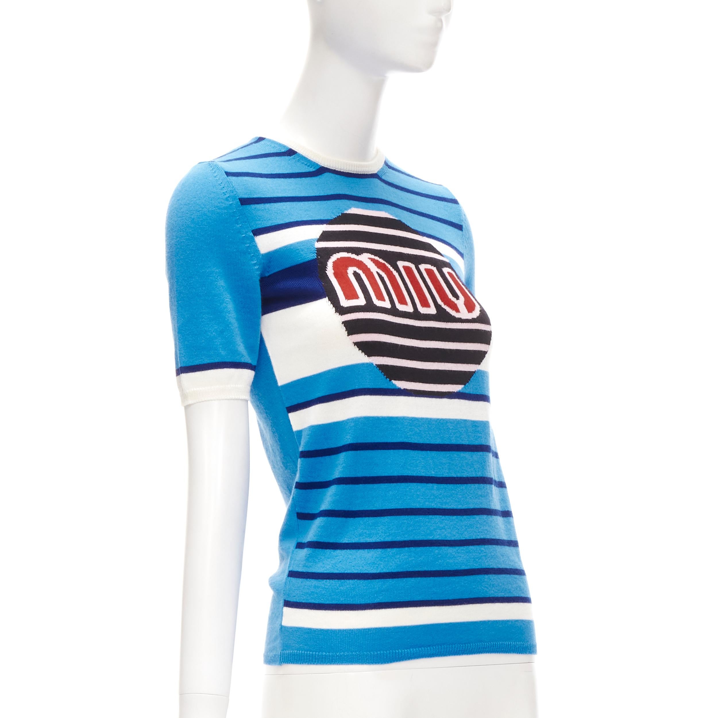 MIU MIU blue graphic circle logo striped knitted sweater top S In Excellent Condition In Hong Kong, NT