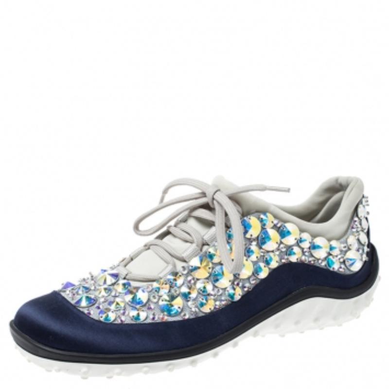 Miu Miu Blau/Grau verschönert Satin und Mesh Astro Sneakers Größe 35 im Angebot 1
