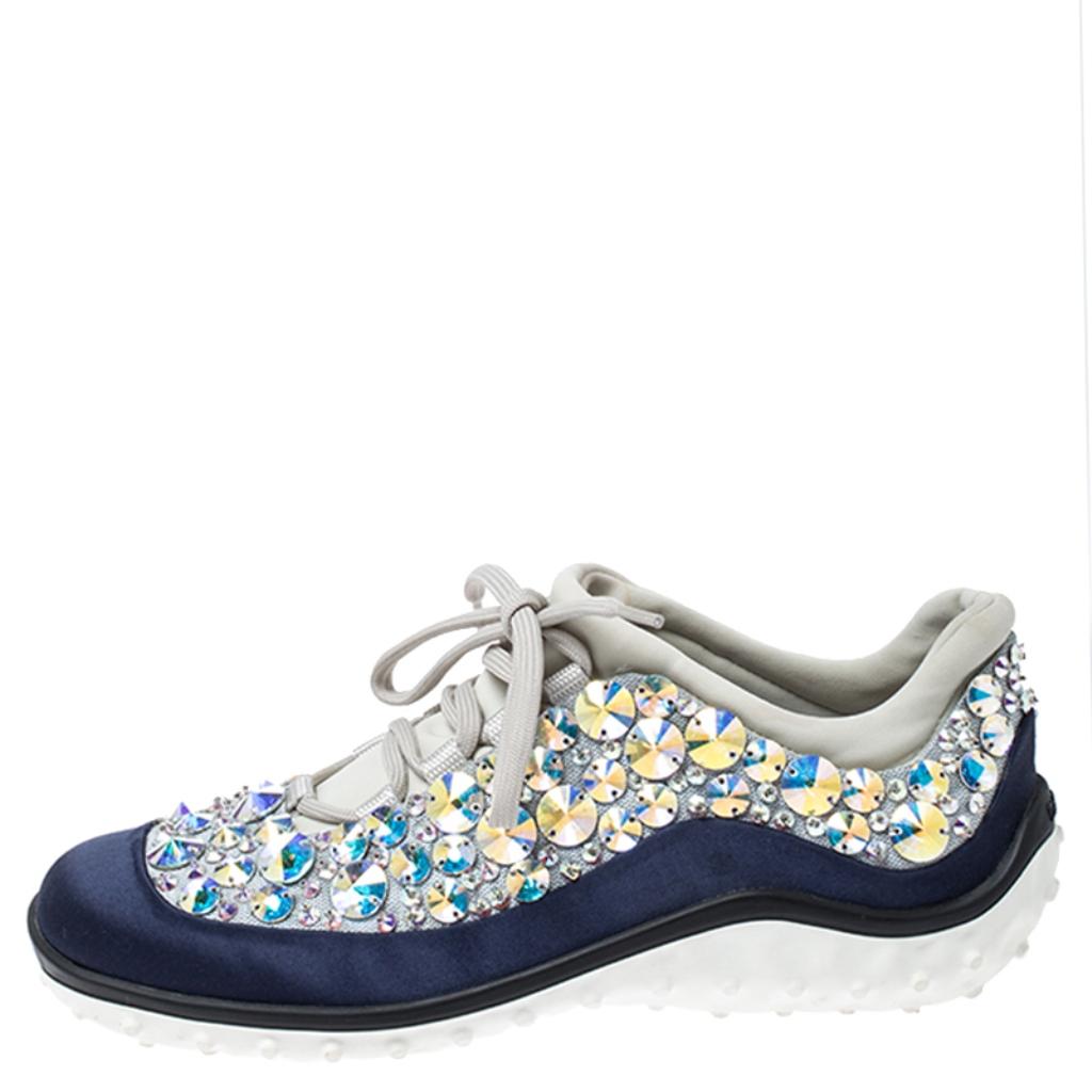 Gray Miu Miu Blue/Grey Embellished Satin and Mesh Astro Sneakers Size 35 For Sale