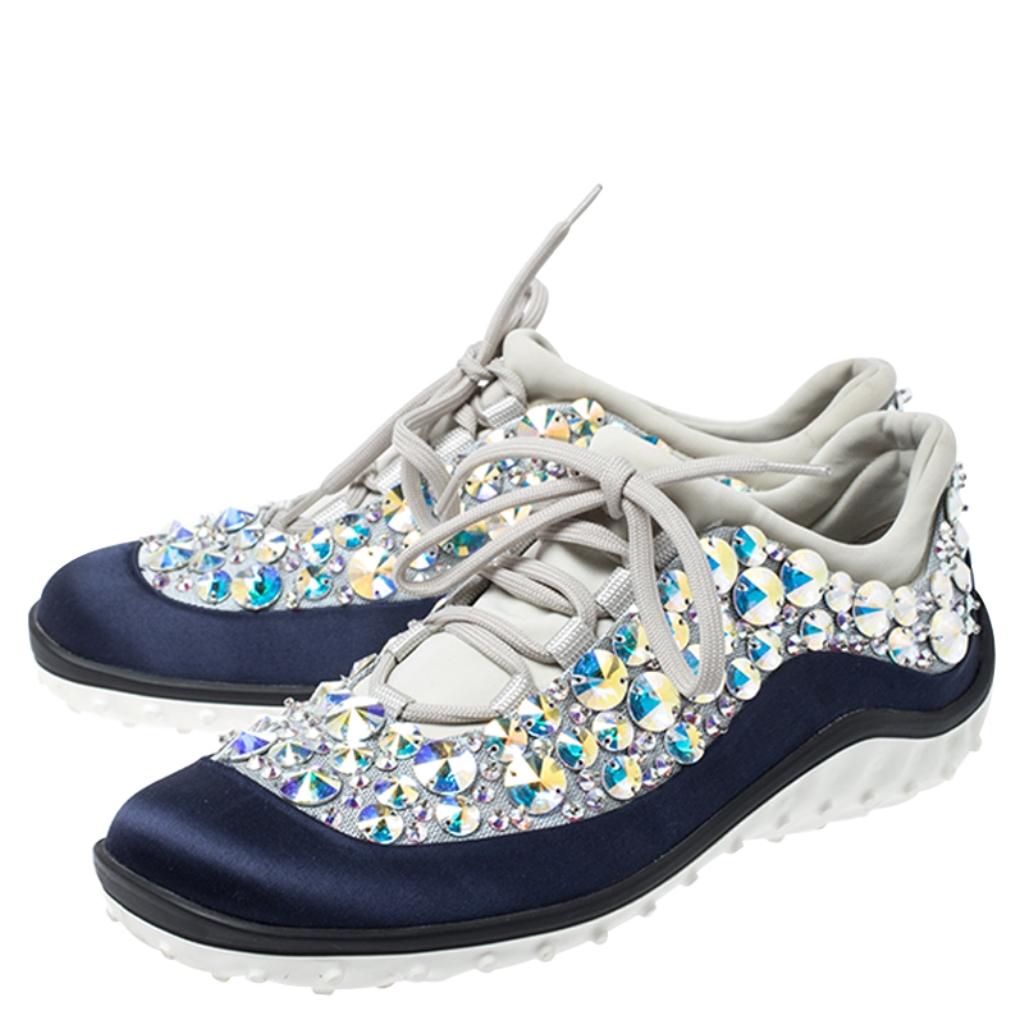 Miu Miu Blue/Grey Embellished Satin and Mesh Astro Sneakers Size 35 In Good Condition For Sale In Dubai, Al Qouz 2
