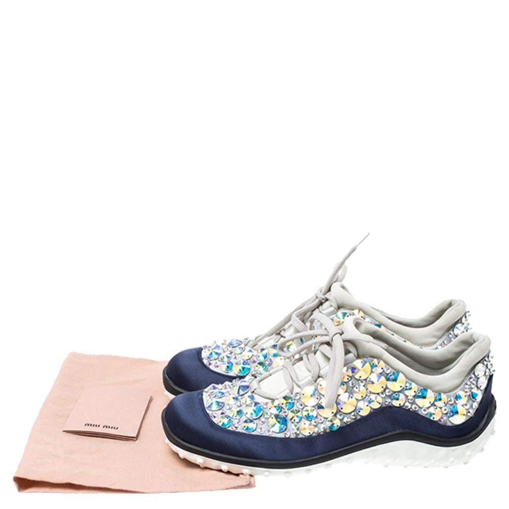 Miu Miu Blue/Grey Embellished Satin and Mesh Astro Sneakers Size 35 For Sale 1