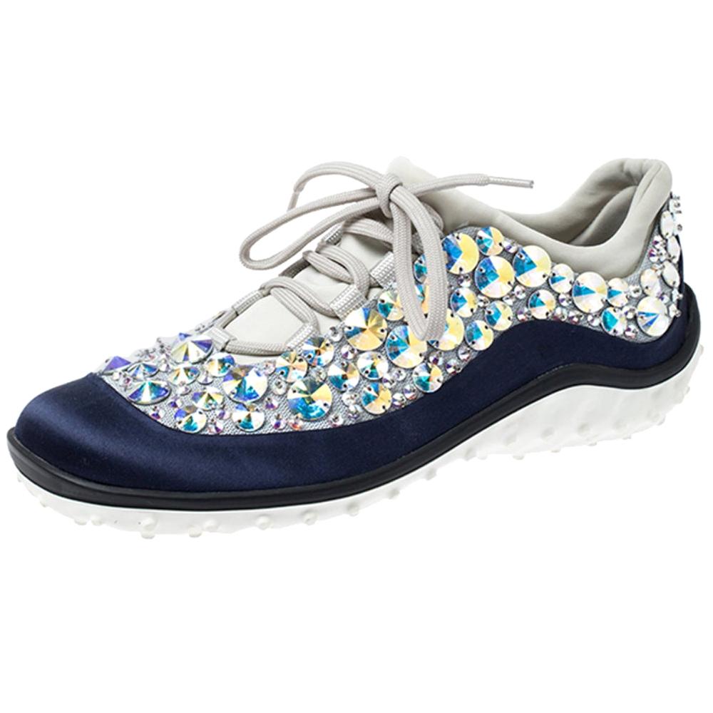 Miu Miu Blue/Grey Embellished Satin and Mesh Astro Sneakers Size 35 For Sale