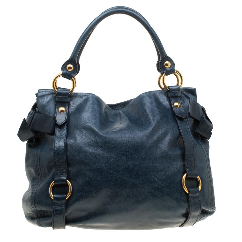 Miu Miu Blue Leather Bow Tote In Good Condition In Dubai, Al Qouz 2