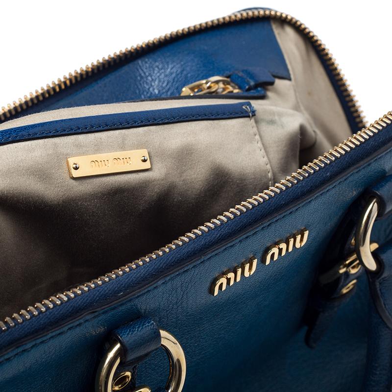 Miu Miu Blue Leather Madras Bowler Bag 4