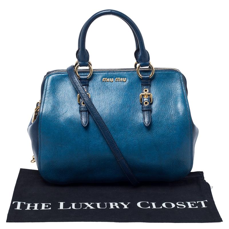 Miu Miu Blue Leather Madras Bowler Bag 5