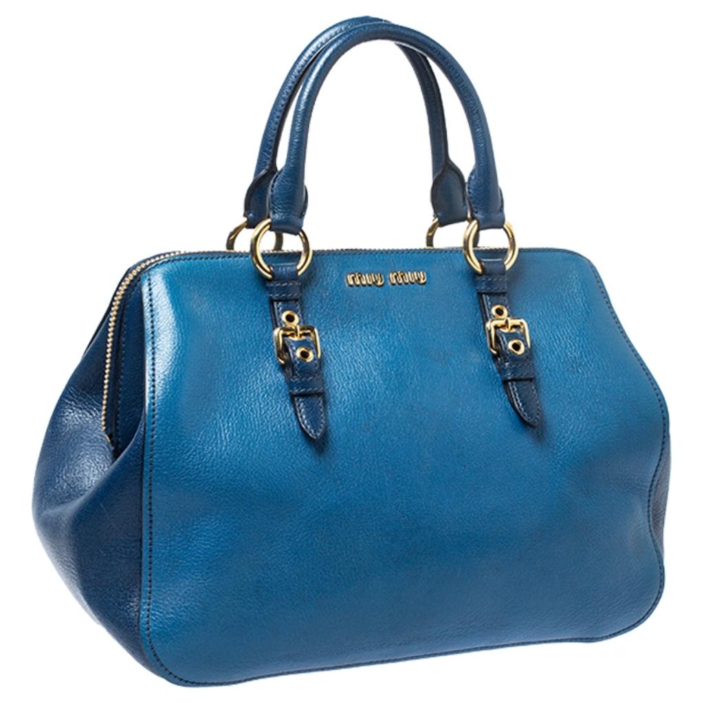 Women's Miu Miu Blue Leather Madras Bowler Bag